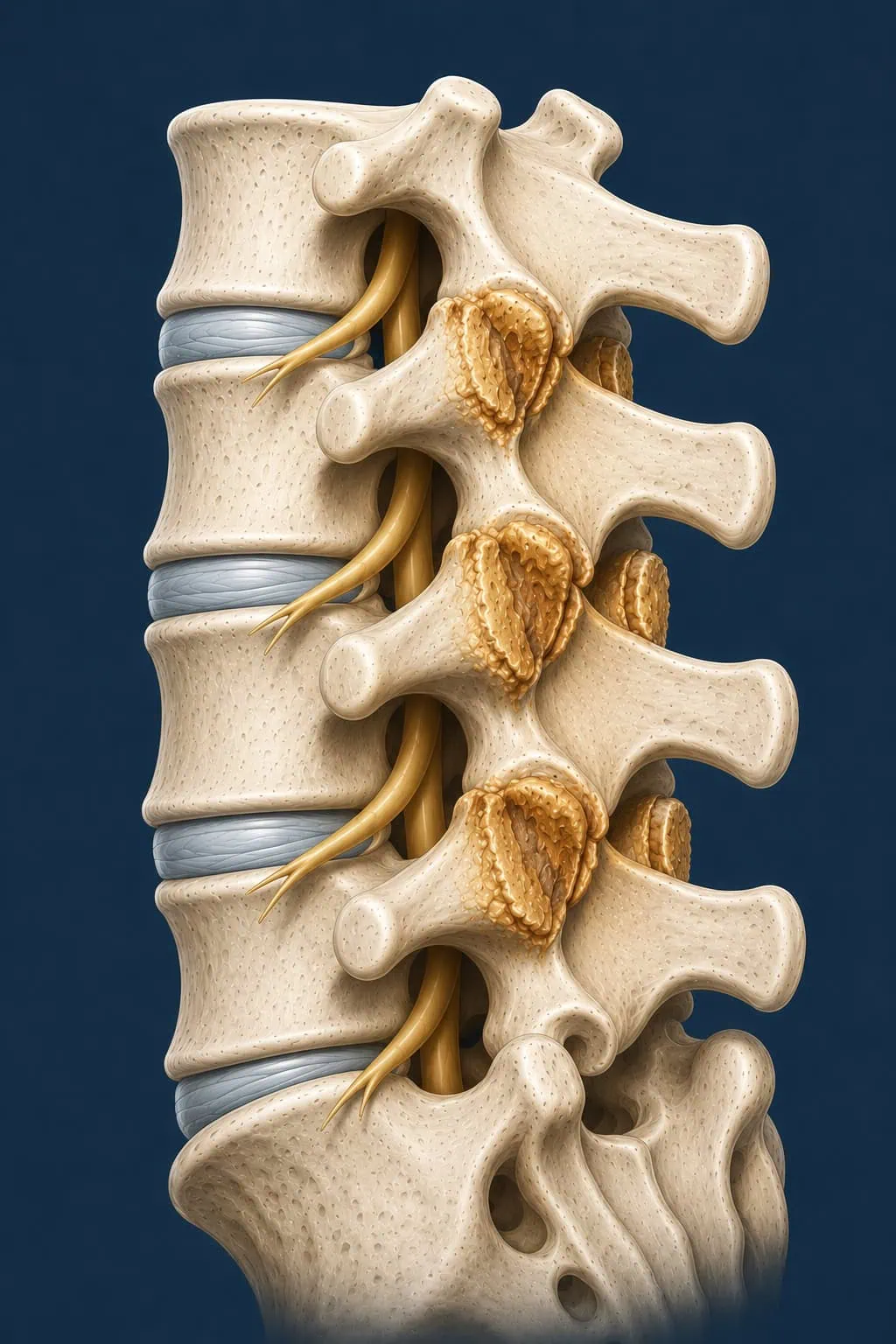 Ilustração médica detalhada que exibe a artrose facetária em múltiplos níveis vertebrais da coluna vertebral, mostrando o desgaste das articulações e o osteófito associado.