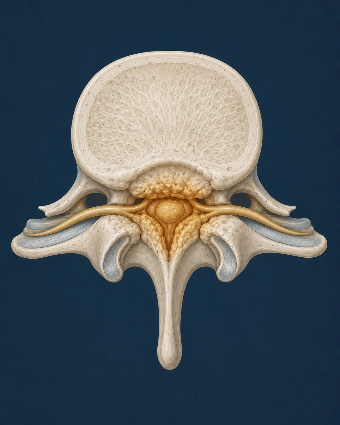 canal-lombar-estreito Ilustração médica em corte transversal de uma vértebra lombar com estenose espinhal, evidenciando o estreitamento do canal vertebral central e a consequente compressão das raízes nervosas e da cauda equina.