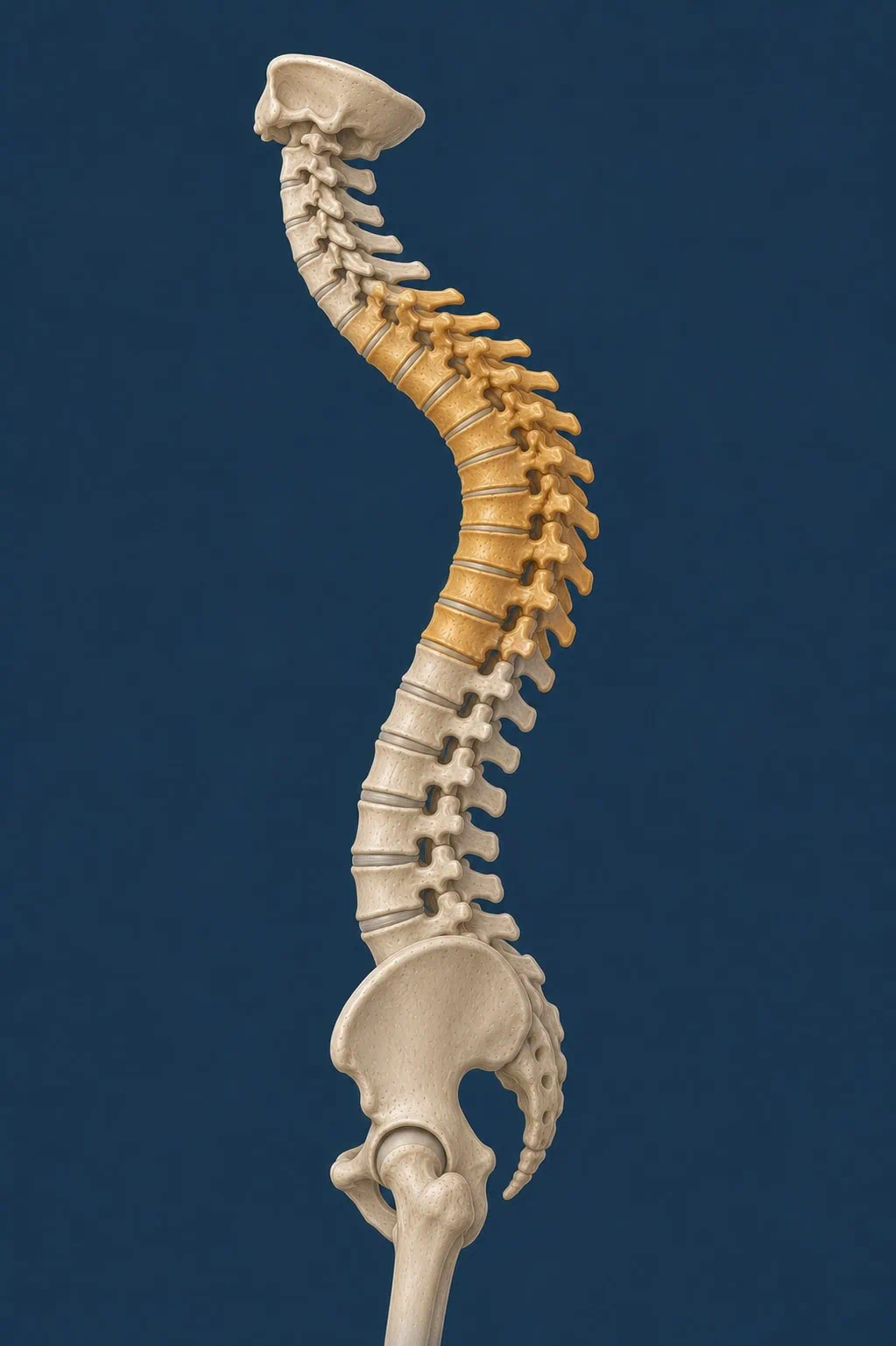 cifose Ilustração médica da coluna vertebral vista de perfil, destacando com coloração alaranjada a curvatura acentuada na região dorsal, característica da hipercifose torácica.