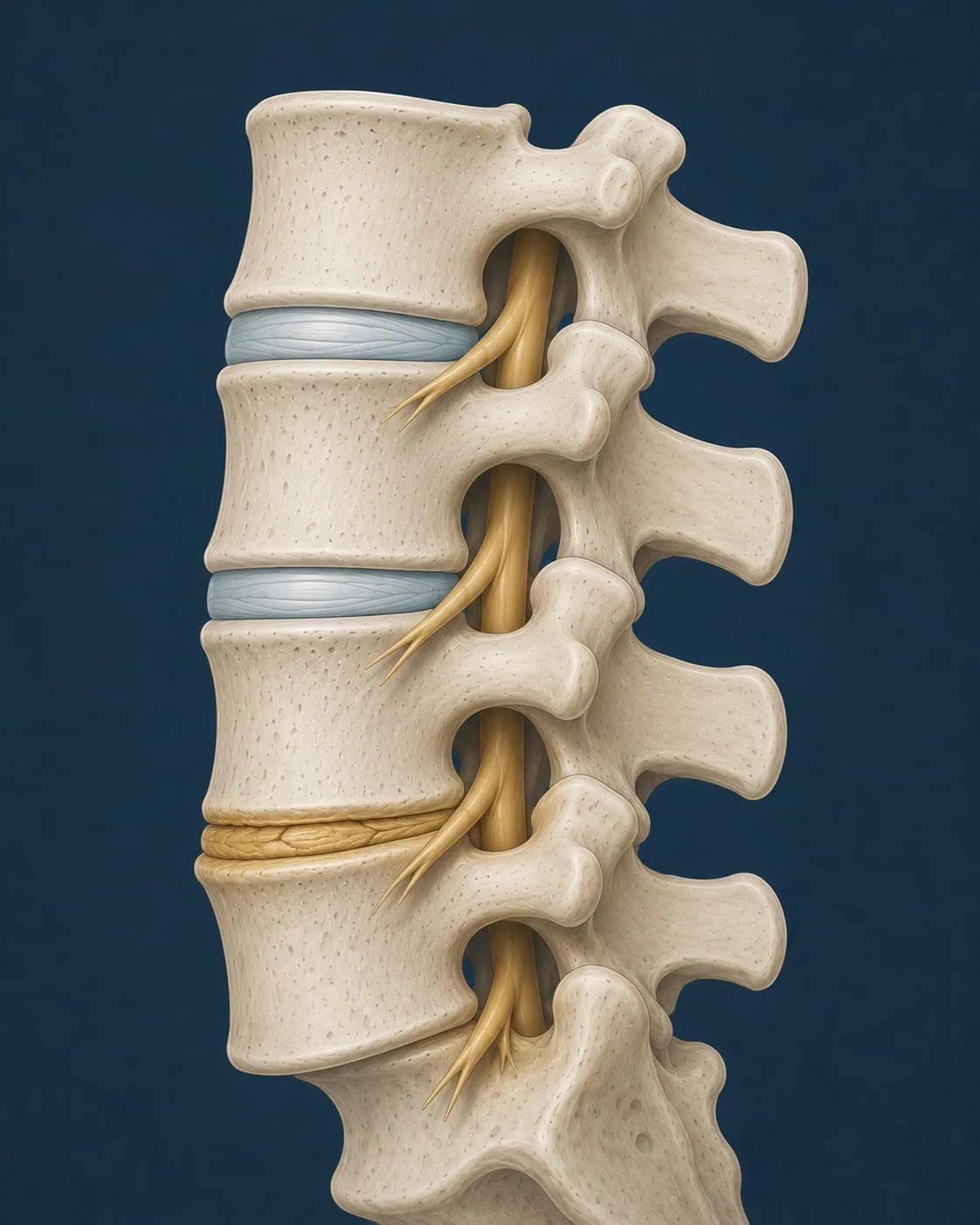 Ilustração médica em perfil da coluna vertebral comparando discos intervertebrais saudáveis em tom azulado com um disco inferior desidratado, achatado e com fissuras, característico da doença degenerativa do disco.