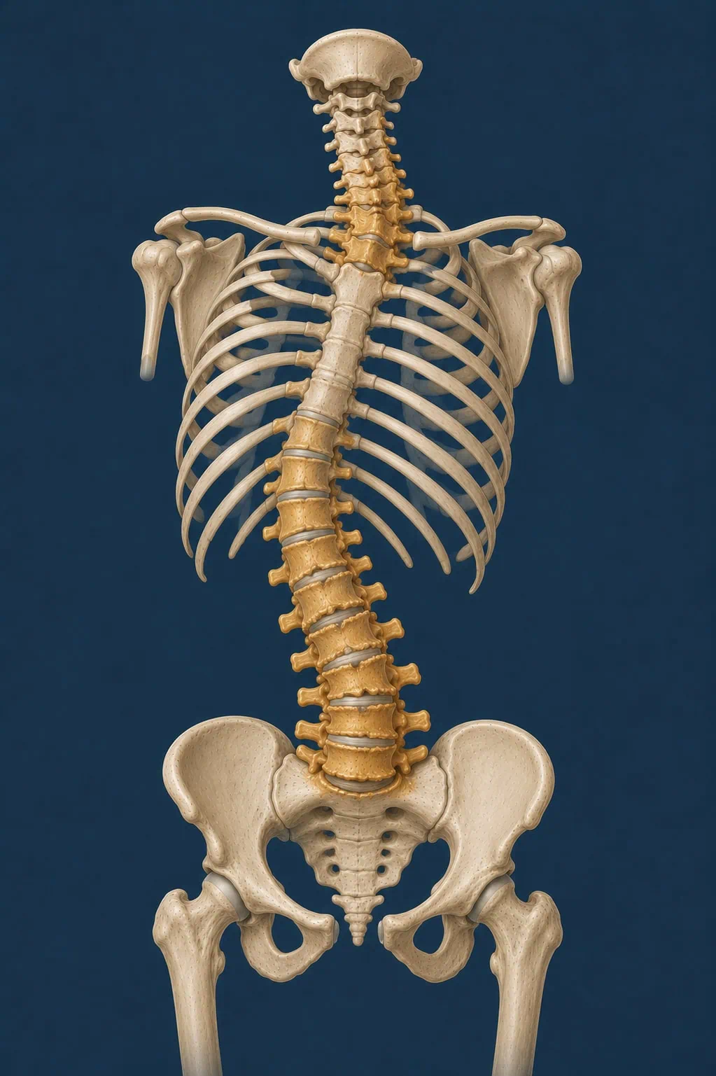escoliose-degenerativa-adulto Ilustração anatómica da vista posterior de um esqueleto, exibindo uma curvatura lateral assimétrica e inclinação acentuada na coluna lombar e torácica inferior, associada à escoliose degenerativa do adulto.