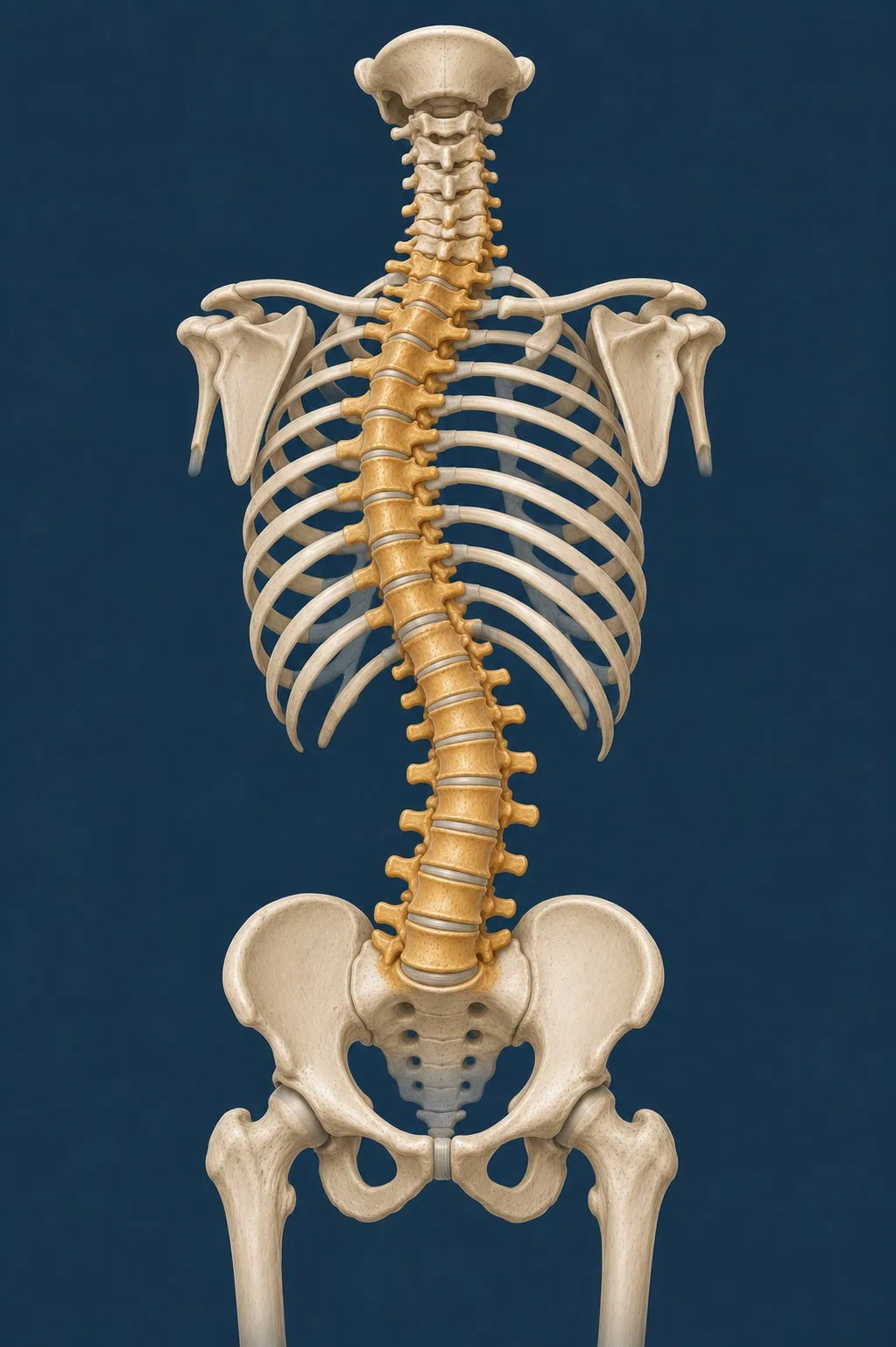 escolise-adolescente "Ilustração médica da parte posterior de um esqueleto humano, evidenciando uma curvatura lateral acentuada em forma de S na coluna vertebral, característica da escoliose idiopática.