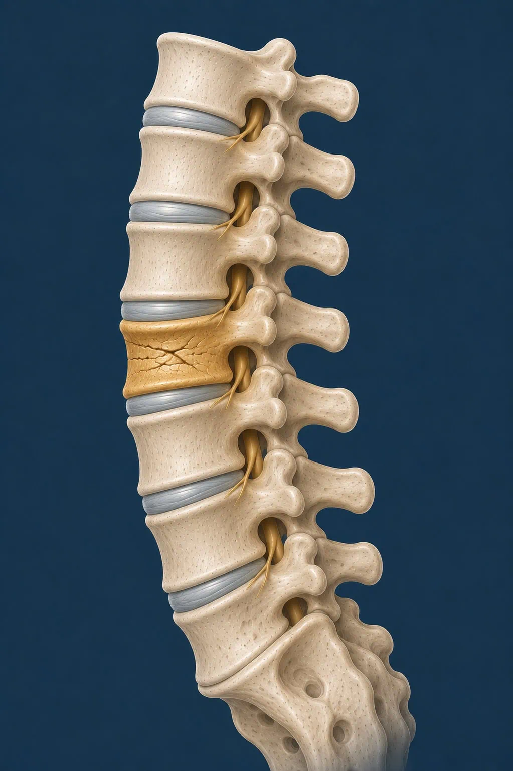 fratura-vertebral Ilustração médica de um segmento da coluna vertebral visto de perfil, evidenciando uma fratura vertebral por compressão com fissuras e achatamento do corpo da vértebra em tom amarelado.