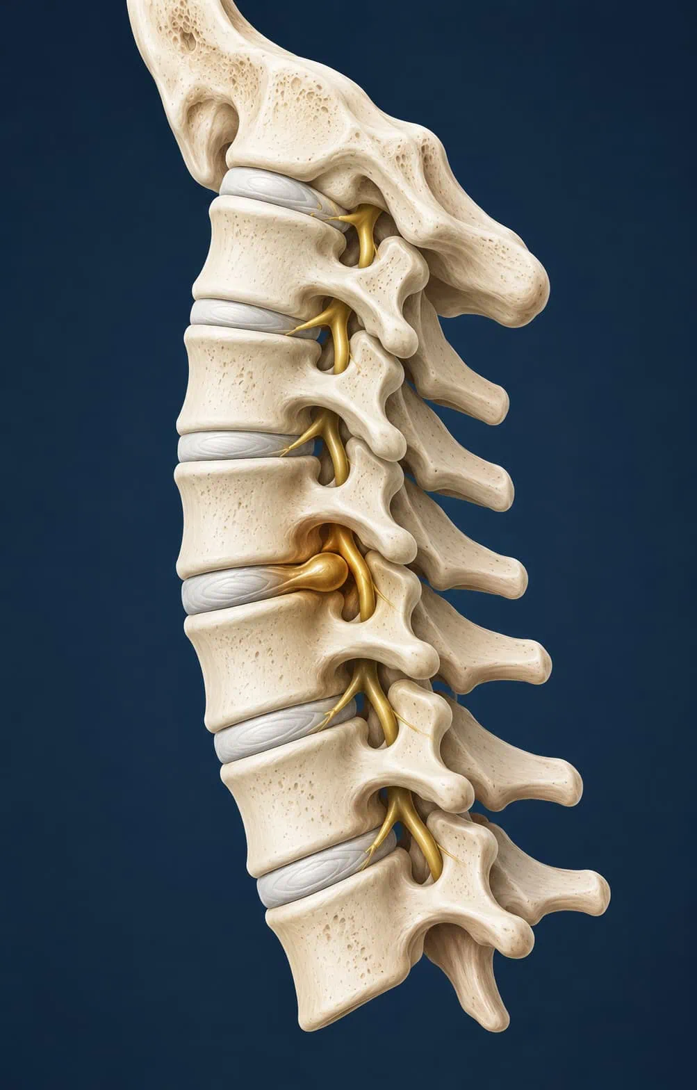 Ilustração médica em perfil da coluna cervical, evidenciando uma protrusão discal em tom amarelado que comprime a raiz nervosa adjacente, caracterizando uma hérnia discal cervical.
