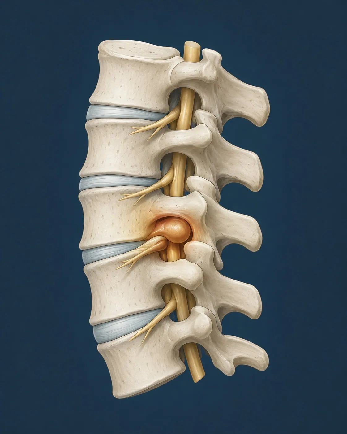 hernia-discal-lombar Ilustração médica explicativa de uma hérnia discal lombar, destacando a compressão do nervo na coluna vertebral.