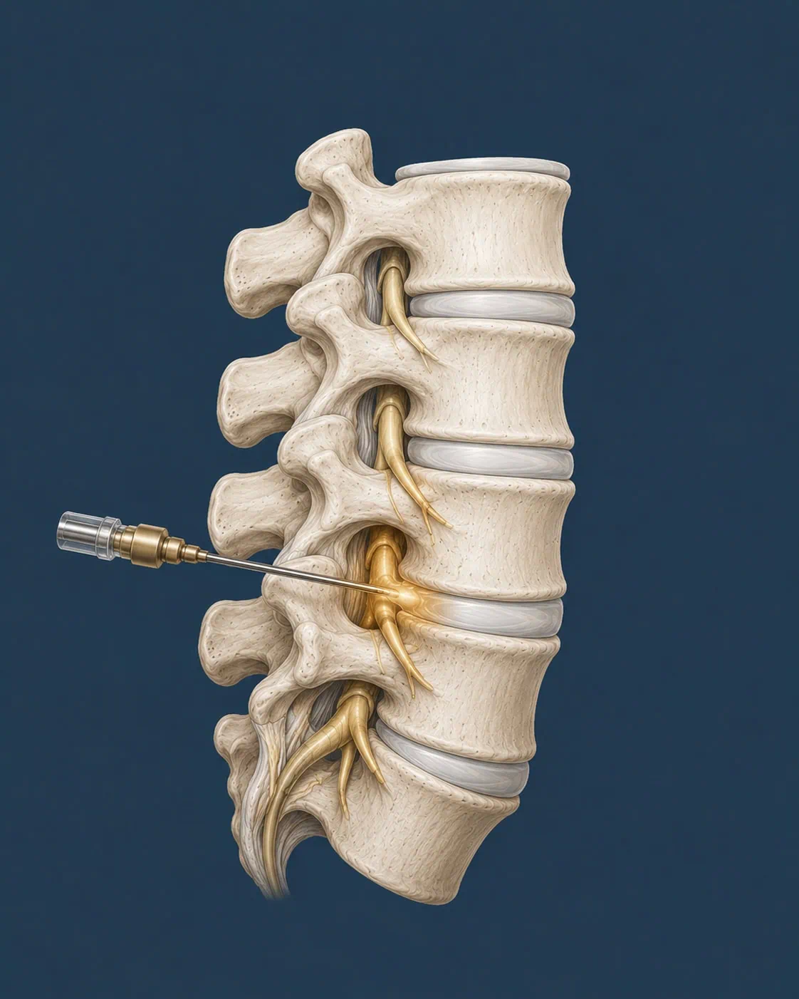 infiltracao-na-coluna-vertebral Ilustração médica em perfil da coluna vertebral demonstrando um procedimento de infiltração, com uma agulha guiada injetando medicação diretamente na raiz nervosa inflamada para bloqueio da dor.