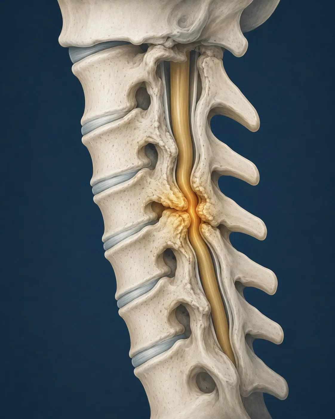 mielopatia-cervical Ilustração médica em corte sagital da coluna cervical, evidenciando uma estenose grave do canal espinhal com compressão e sofrimento da medula espinhal, caracterizando um quadro de mielopatia cervical.