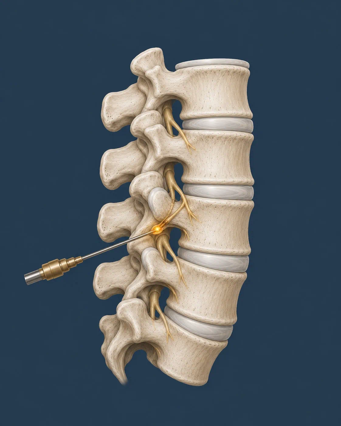 Ilustração médica em perfil da coluna vertebral demonstrando o procedimento de radiofrequência, com uma agulha especial a aplicar energia térmica diretamente no ramo nervoso para o alívio da dor crónica.
