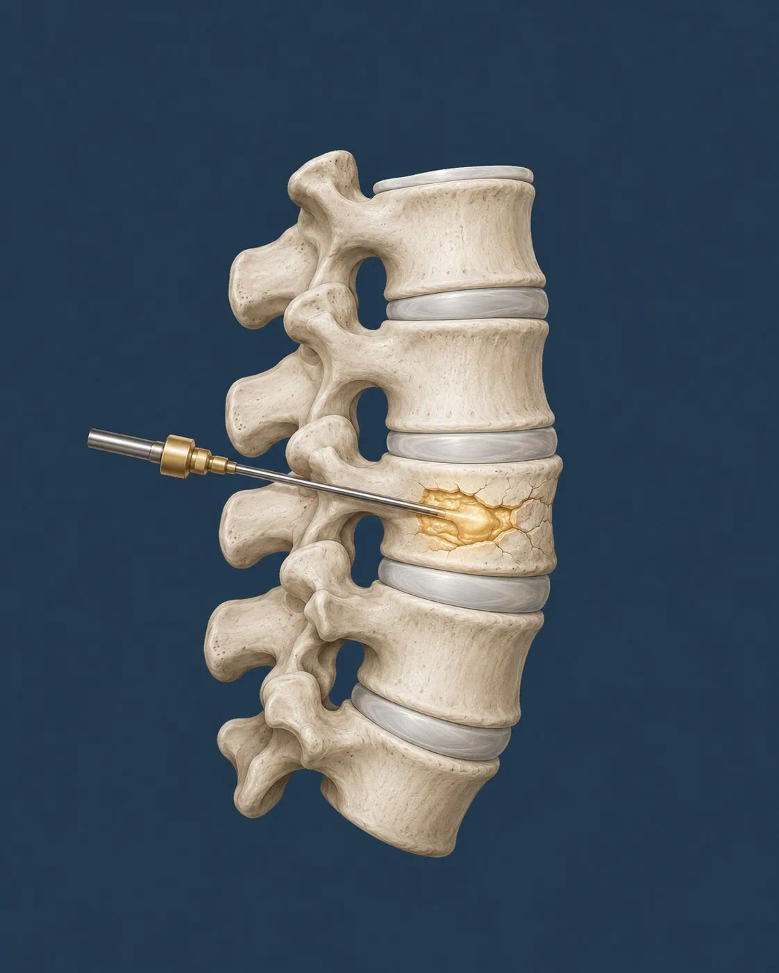 Ilustração médica em perfil da coluna vertebral demonstrando o procedimento de vertebroplastia, com uma agulha cirúrgica a injetar cimento ósseo para estabilizar uma vértebra fraturada.